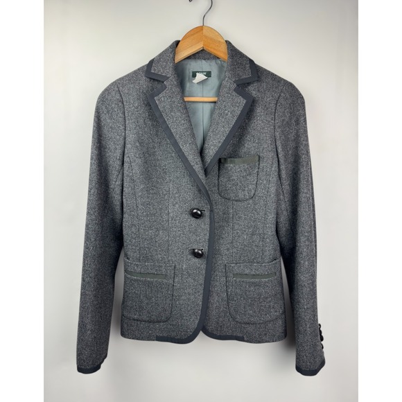 J.Crew 100% Wool Gray Blazer Size 4 Black Trim Tailored Jacket - Picture 1 of 10